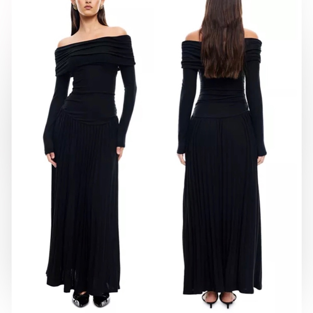 Lioness Field Of Dreams Pleated Off-Shoulder Long Sleeves Black Maxi Dress M